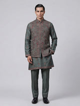 Sage green silk embroidered festive waistcoat set