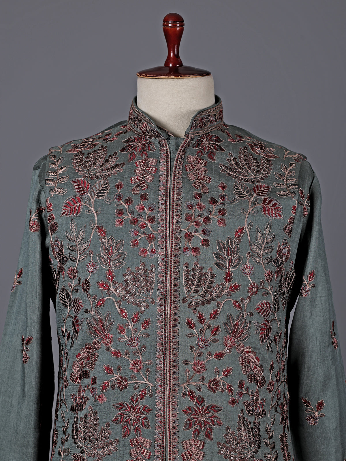 Sage green silk embroidered festive waistcoat set