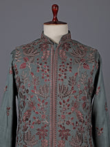 Sage green silk embroidered festive waistcoat set