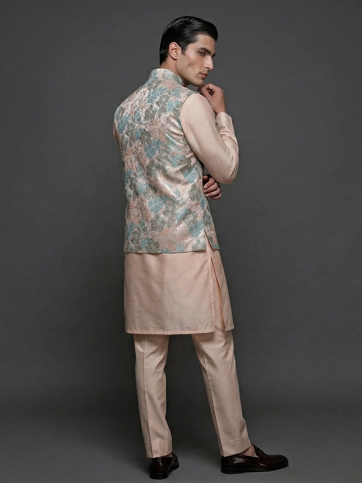 Peach silk embellished festive waistcoat set
