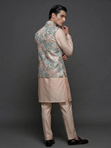 Peach silk embellished festive waistcoat set