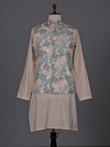 Peach silk embellished festive waistcoat set