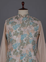 Peach silk embellished festive waistcoat set