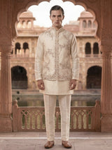 Cream silk embroidered designer waistcoat set