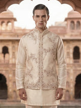Cream silk embroidered designer waistcoat set