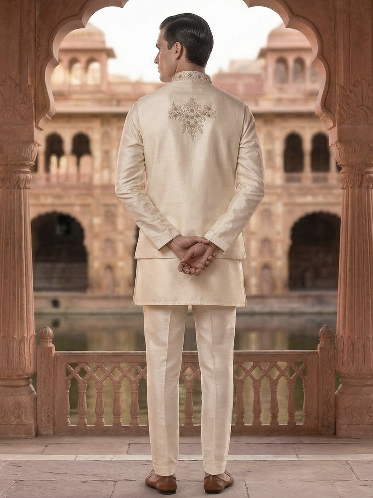 Cream silk embroidered designer waistcoat set