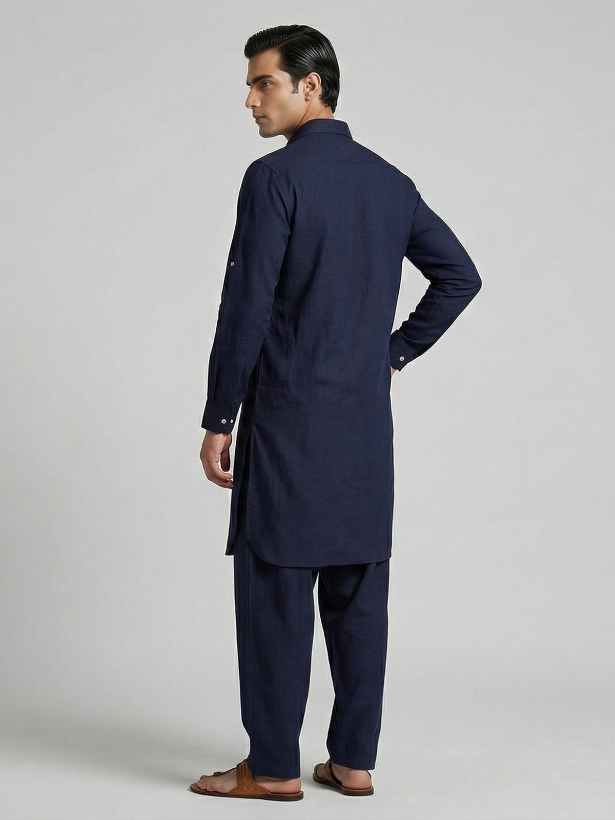 Navy blue cotton silk festive pathani suit