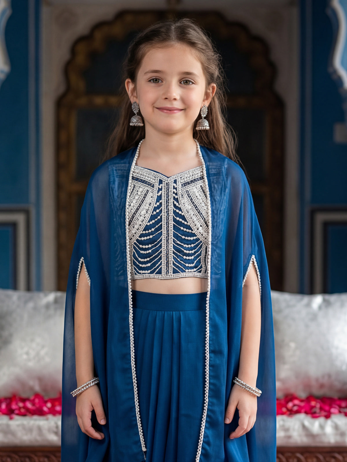 Royal blue chiffon dhoti suit with shrug