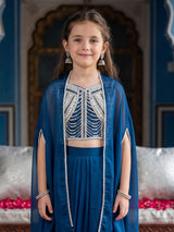 Royal blue chiffon dhoti suit with shrug