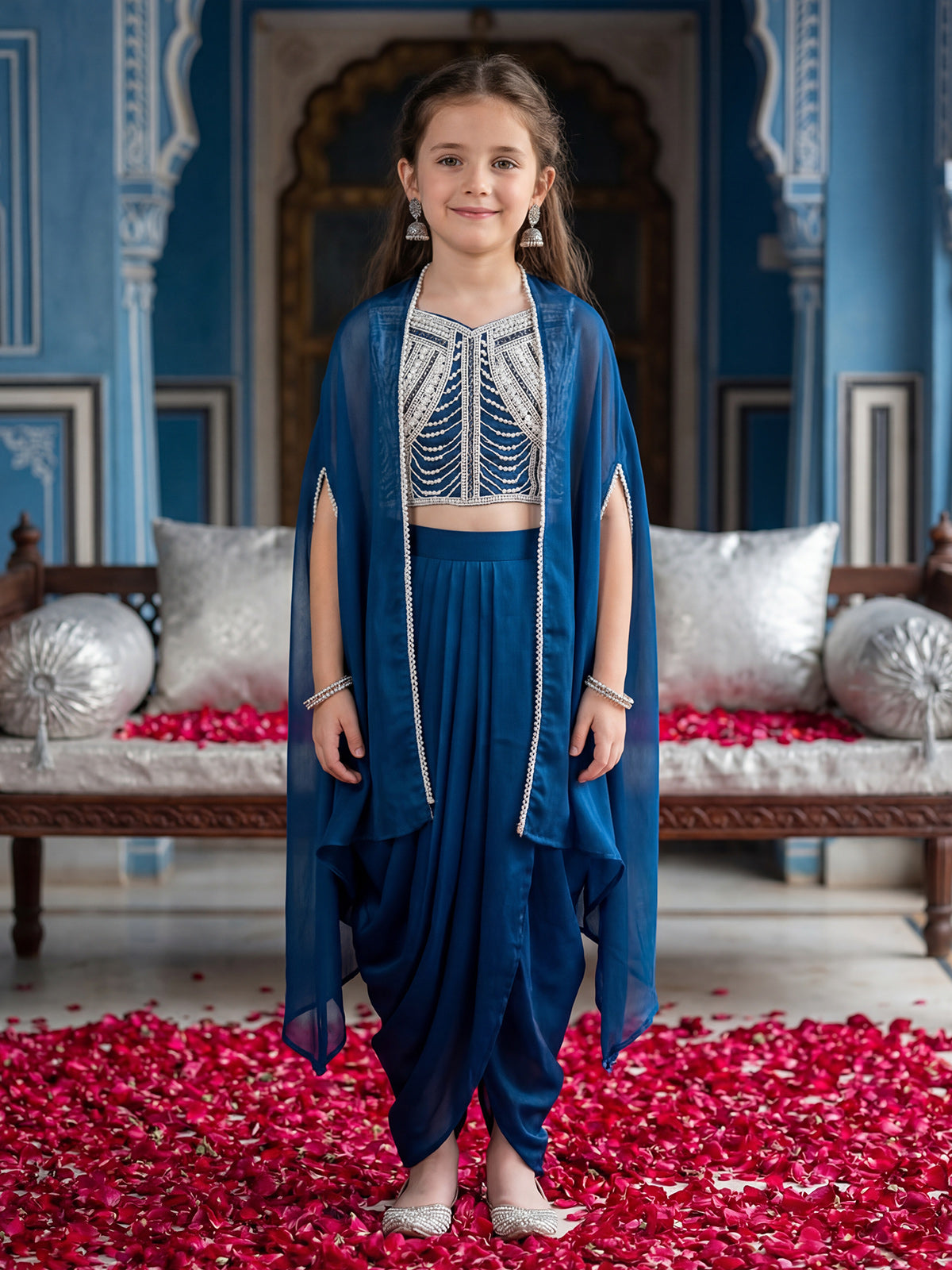 Royal blue chiffon dhoti suit with shrug