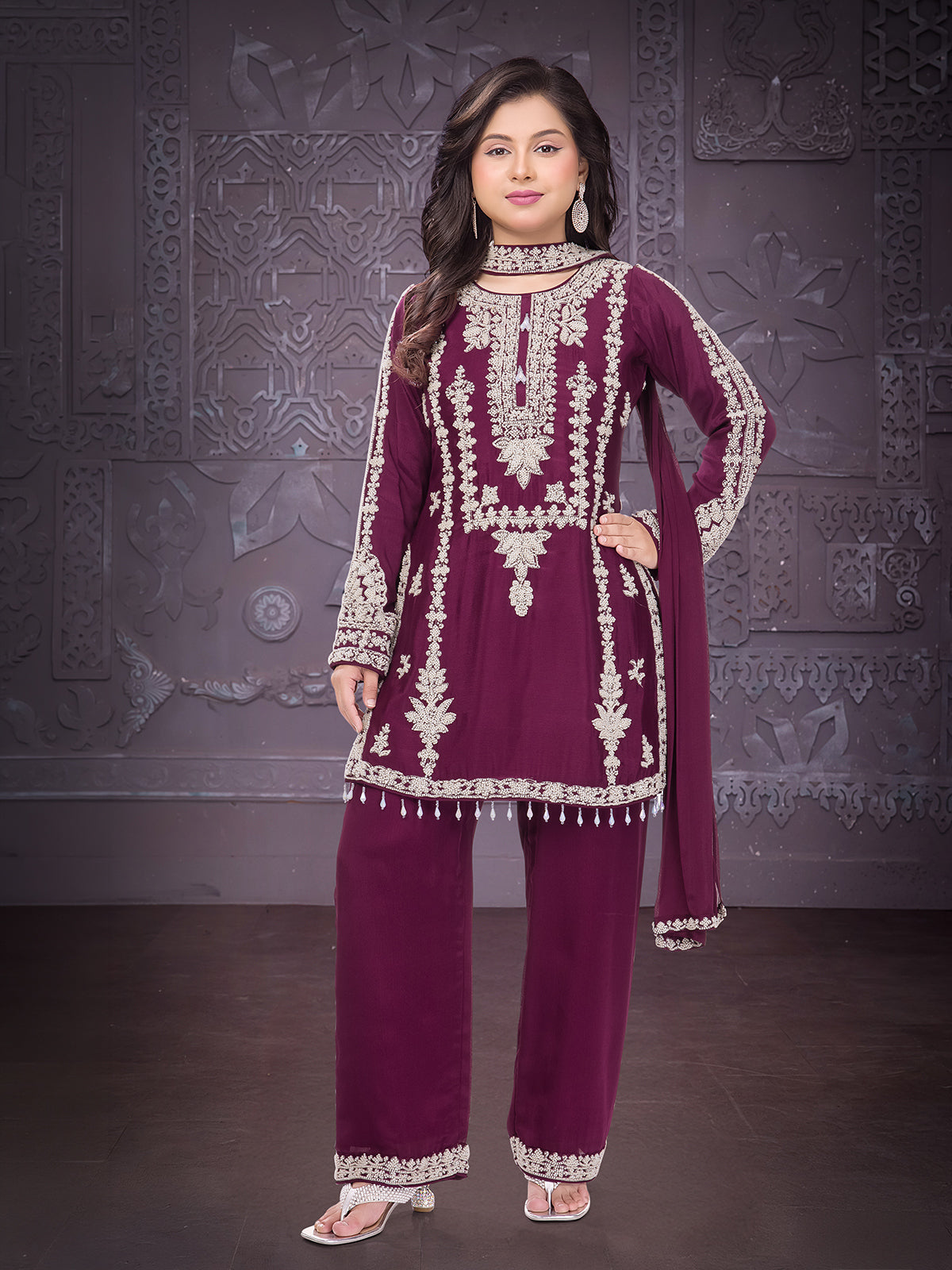 Wine festive wear silk salwar suit with dupatta
