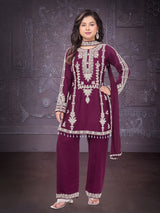 Wine festive wear silk salwar suit with dupatta