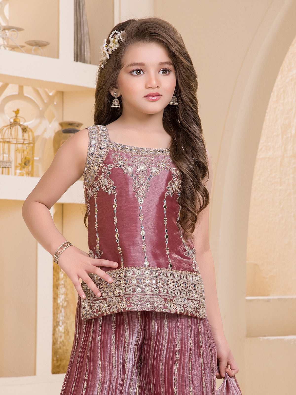 Light brown resham worked silk palazzo suit for girls