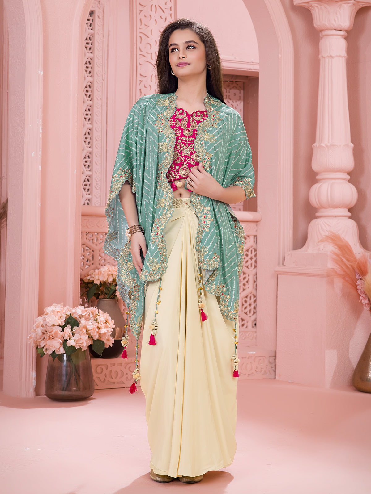 Cream silk Indo western suit with printed shrug