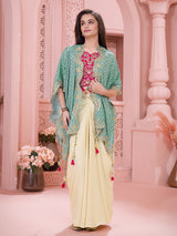 Cream silk Indo western suit with printed shrug