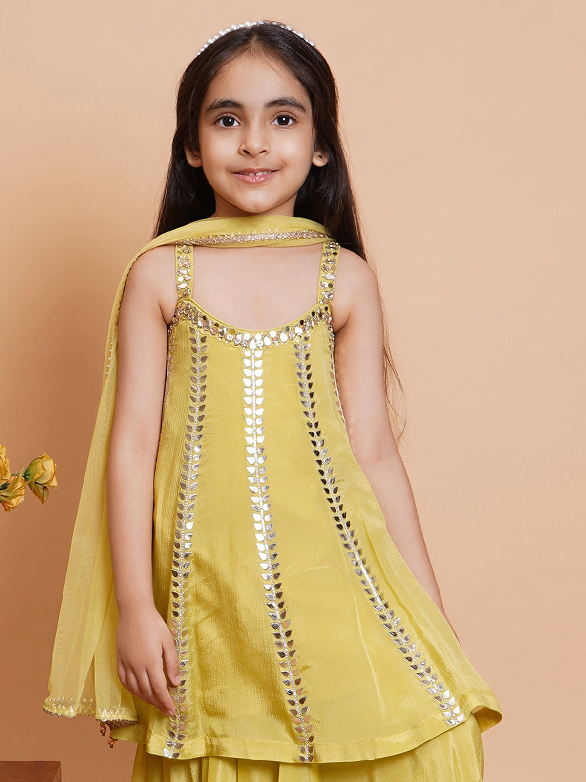 Lime yellow festive wear silk palazzo suit with dupatta