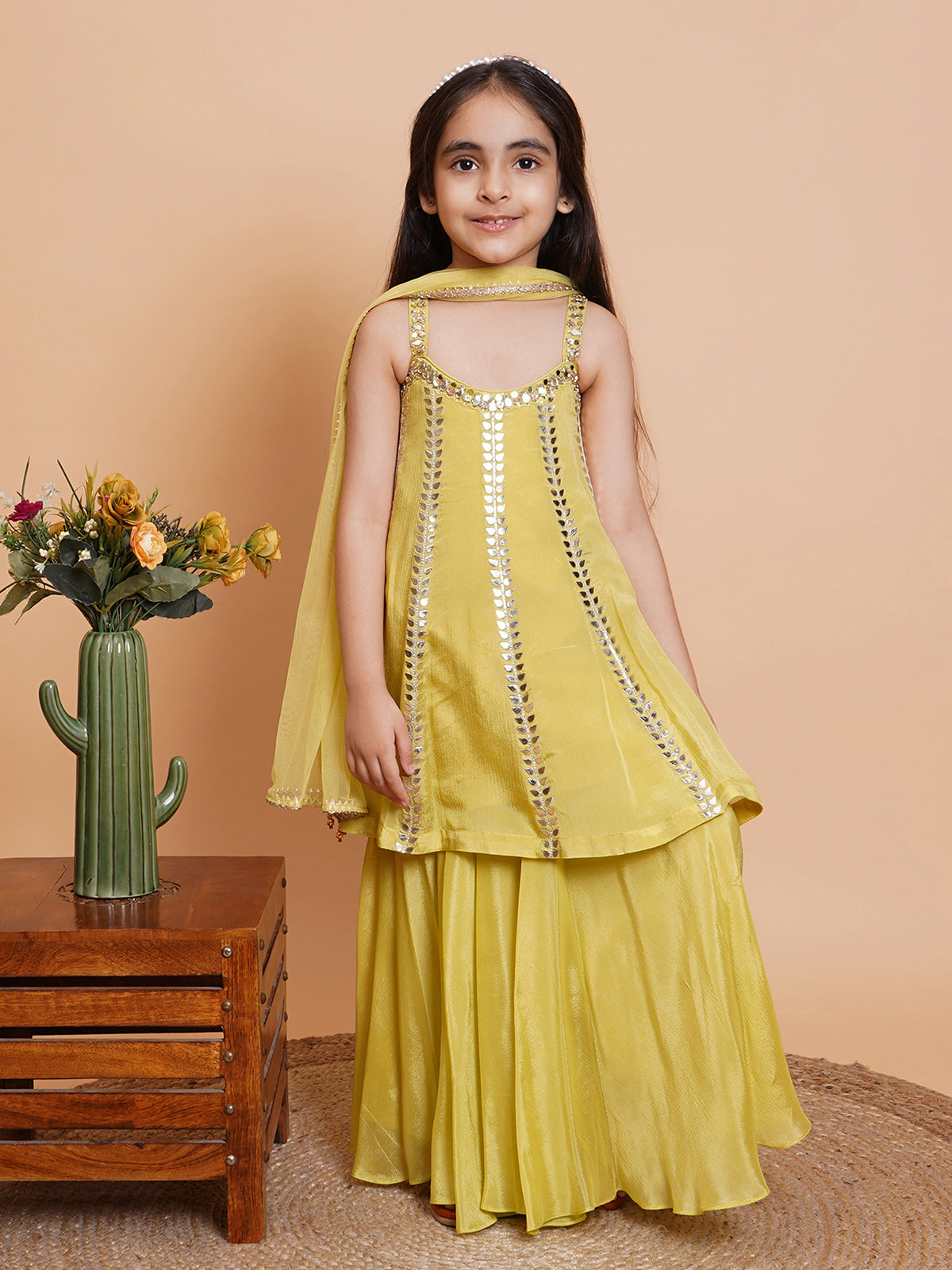 Lime yellow festive wear silk palazzo suit with dupatta