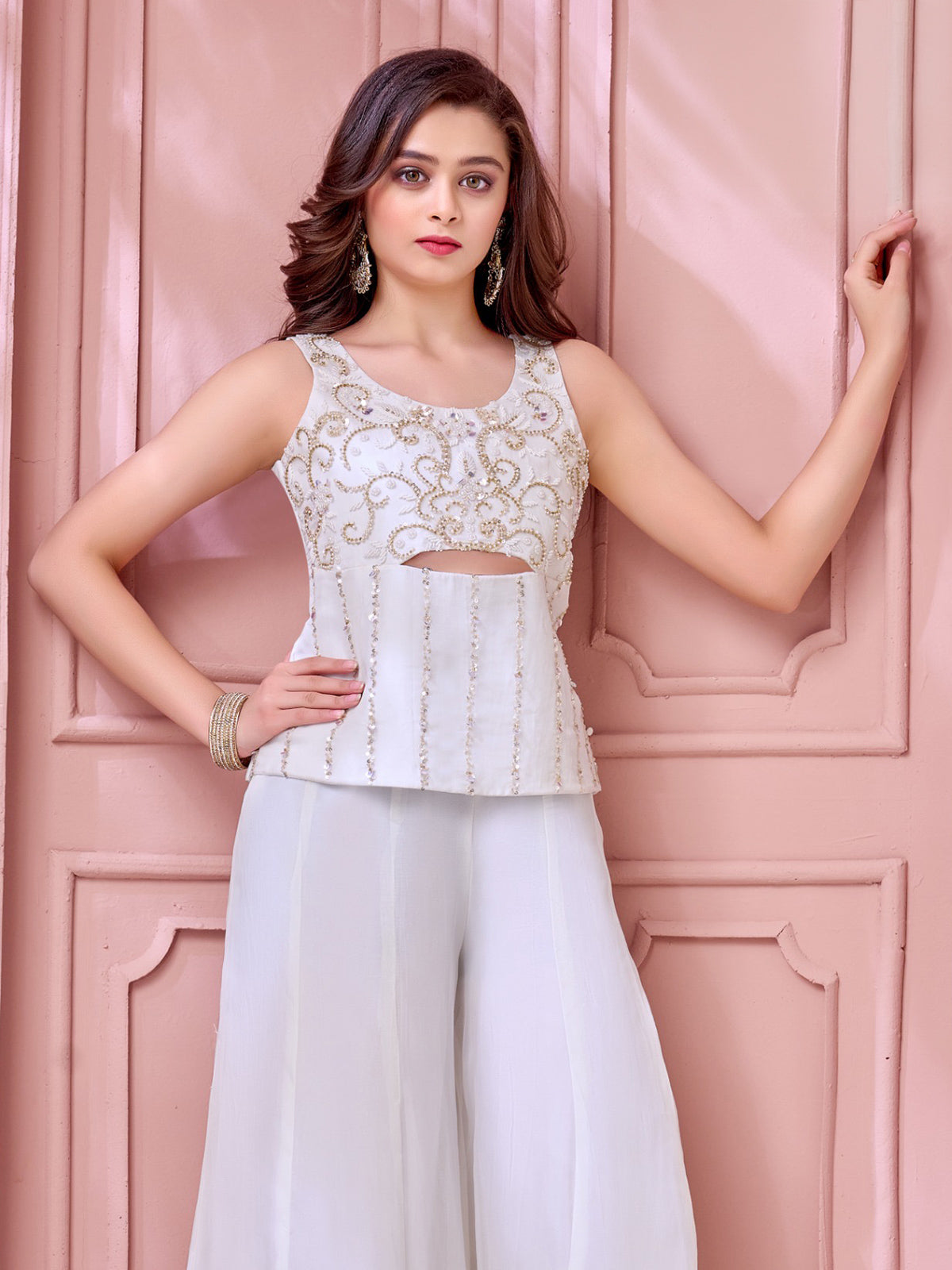 White party wear silk palazzo suit