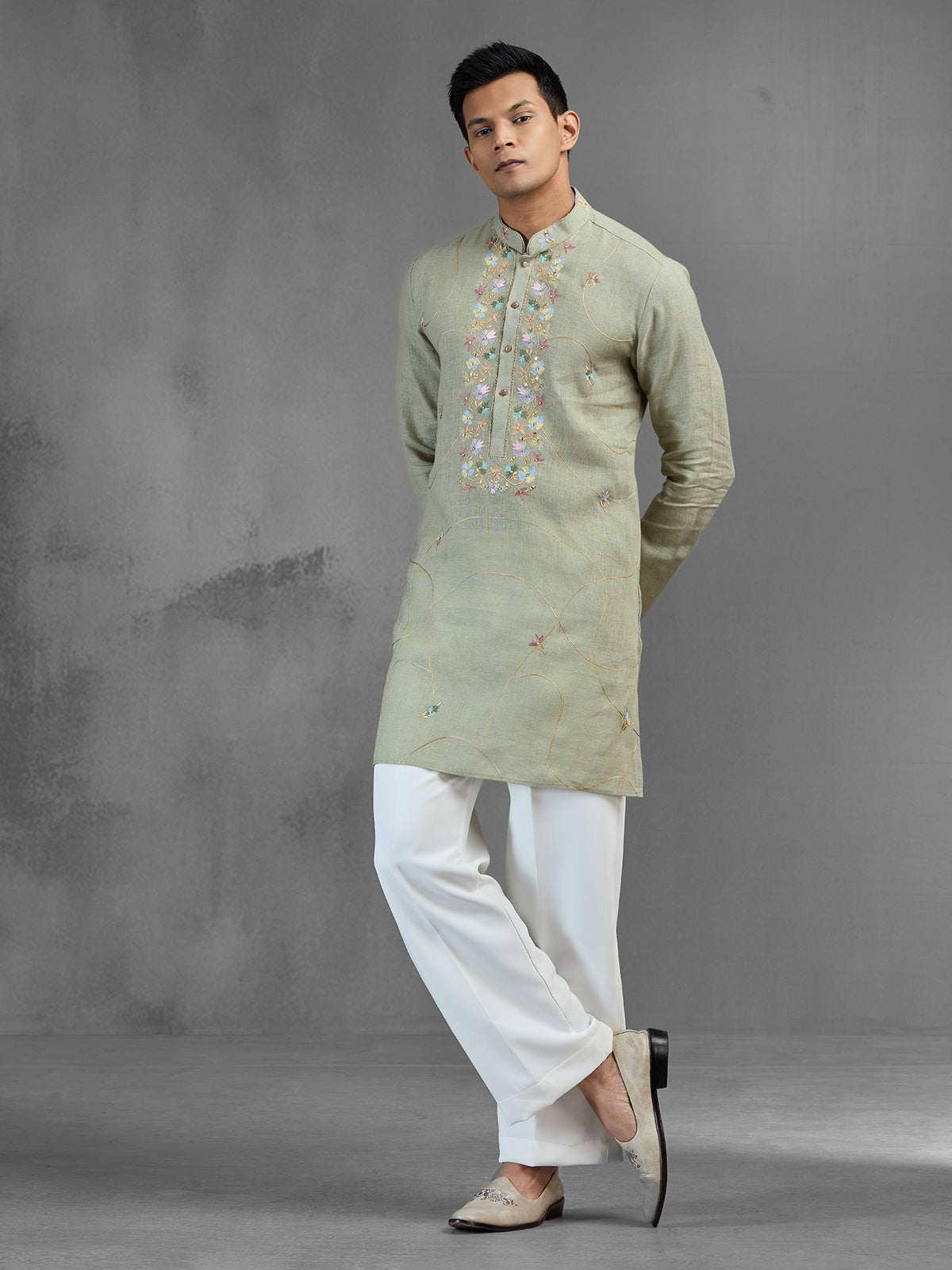 Pista green linen mirror embellished festive kurta pajama