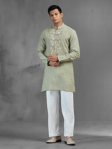 Pista green linen mirror embellished festive kurta pajama