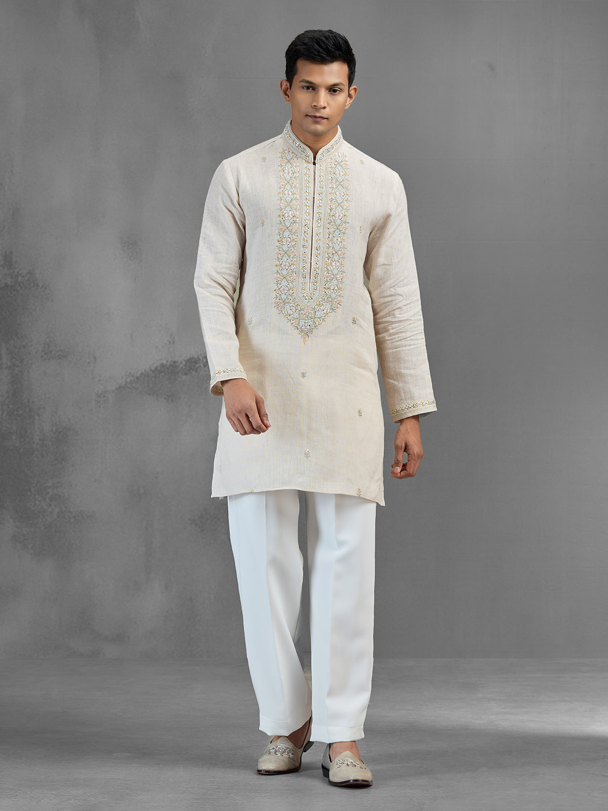 Cream linen subtle zari motif wedding kurta suit