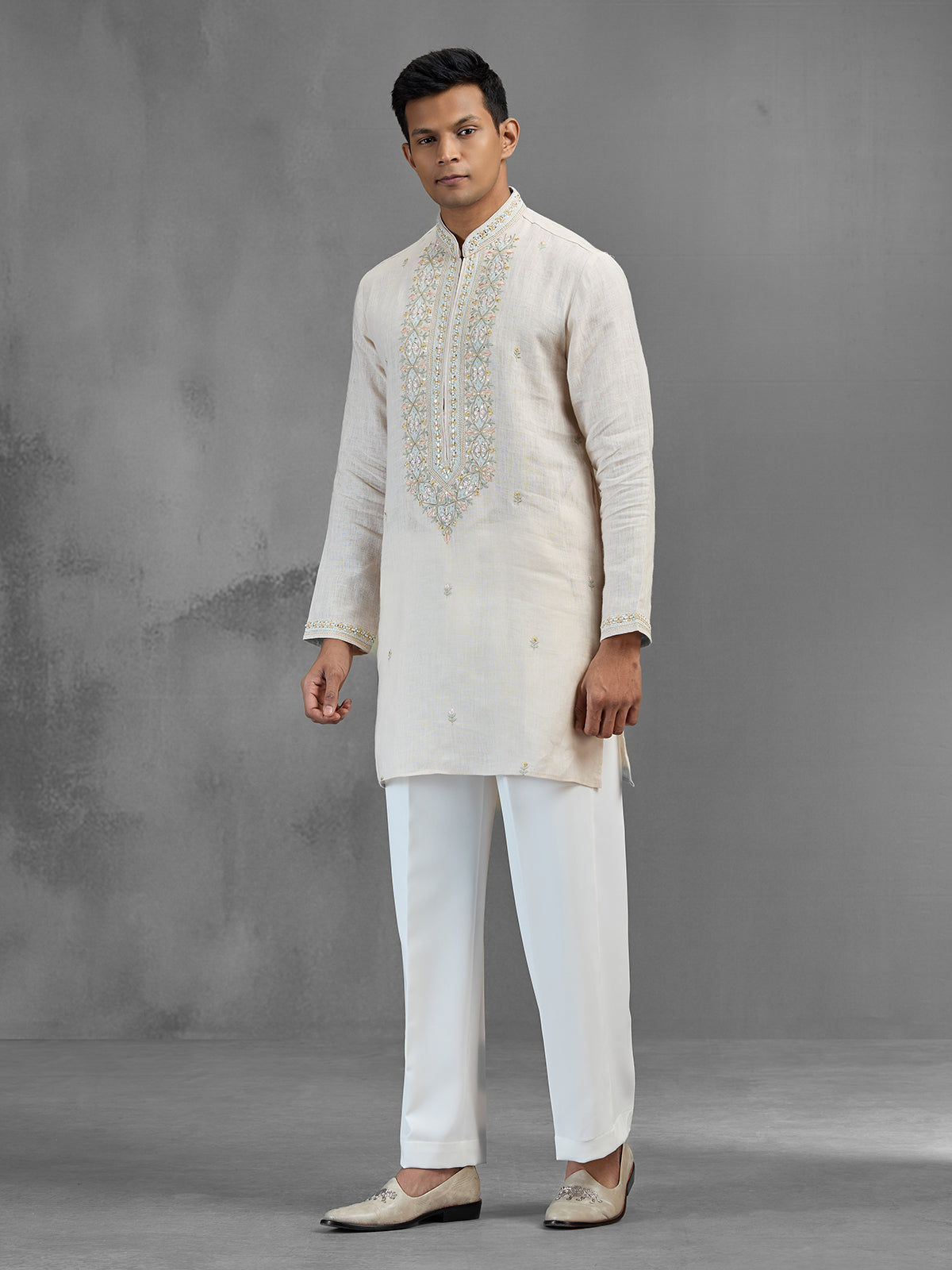 Cream linen subtle zari motif wedding kurta suit