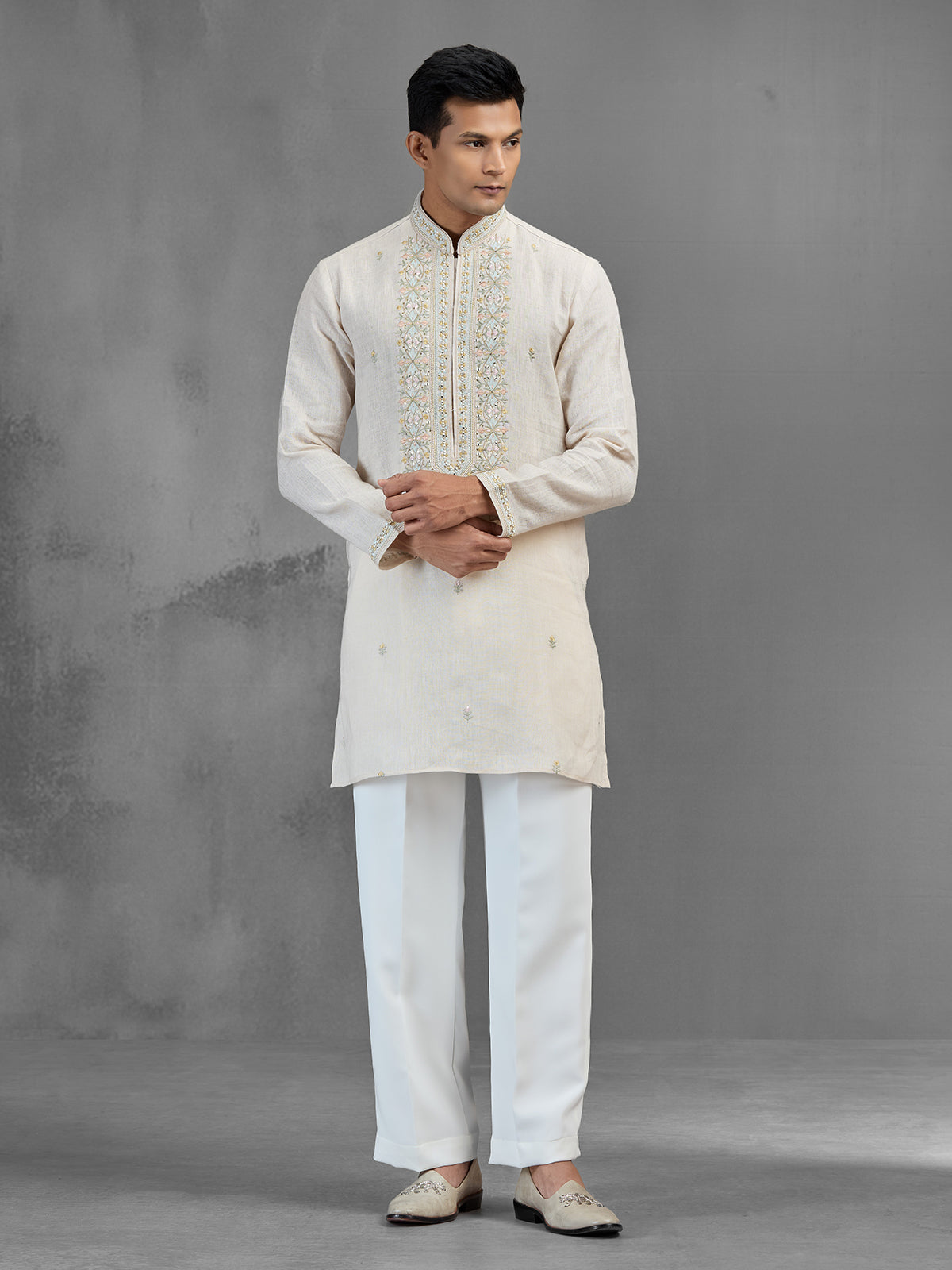 Cream linen subtle zari motif wedding kurta suit