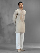 Beige linen geometric threadwork festive kurta pajama
