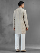 Beige linen geometric threadwork festive kurta pajama