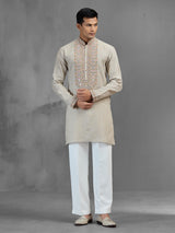 Beige linen geometric threadwork festive kurta pajama