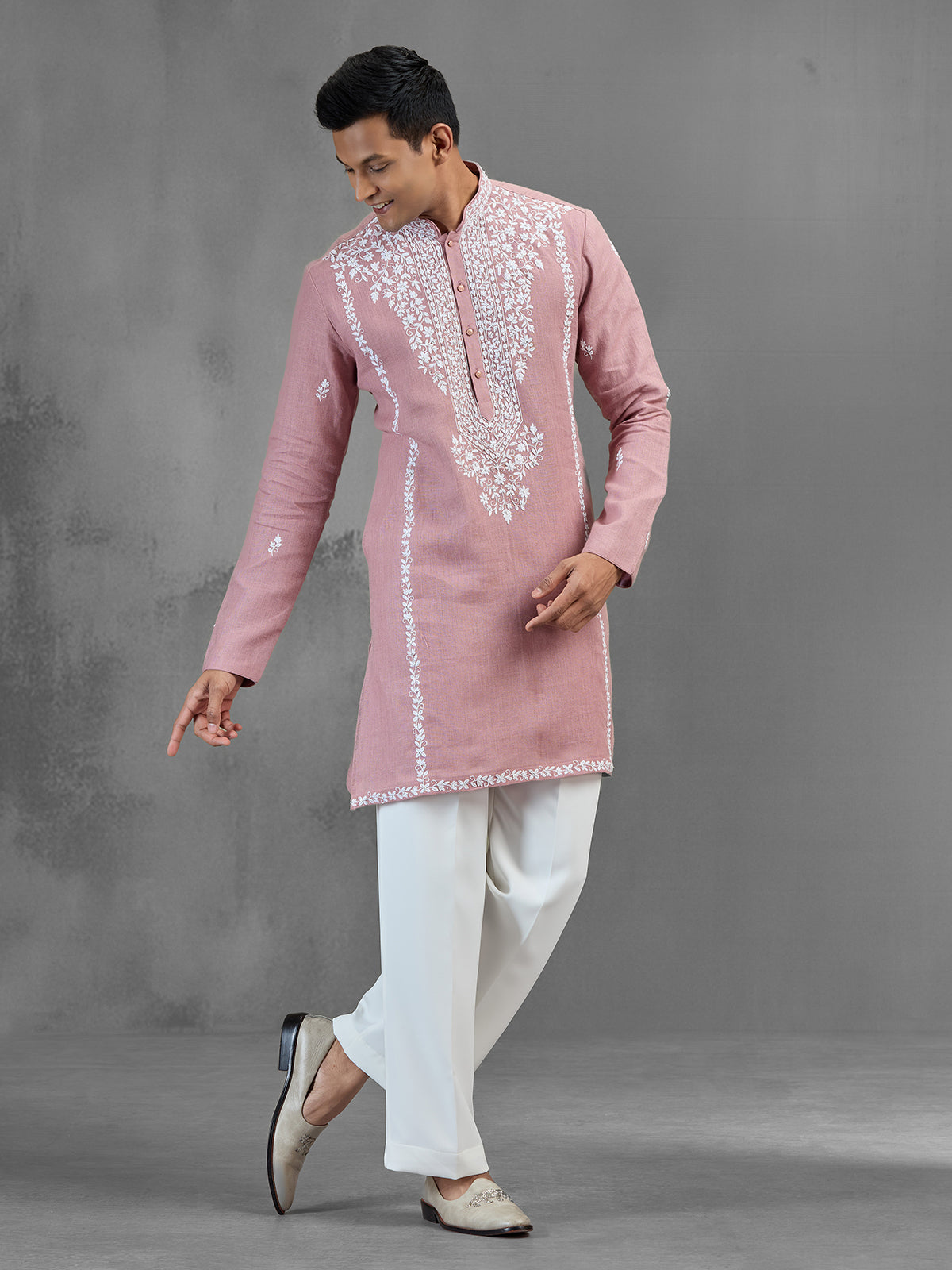 Pink linen aari sequin highlight celebration kurta suit
