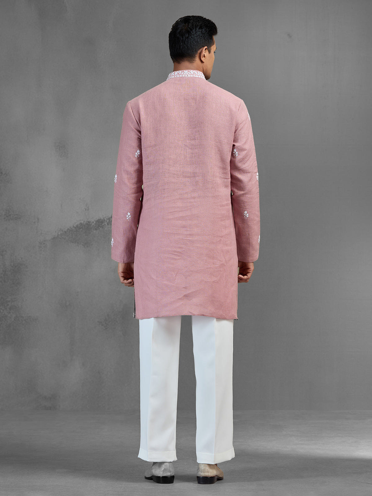 Pink linen aari sequin highlight celebration kurta suit