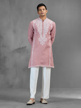 Pink linen aari sequin highlight celebration kurta suit
