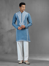 Blue linen festive shimmer designer kurta pajama look