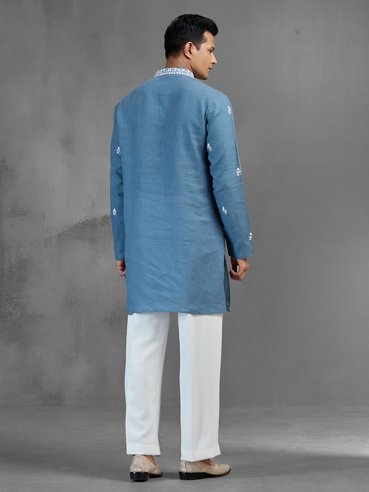 Blue linen festive shimmer designer kurta pajama look