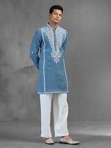 Blue linen festive shimmer designer kurta pajama look