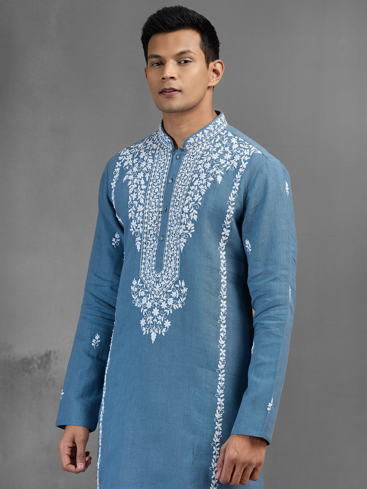 Blue linen festive shimmer designer kurta pajama look