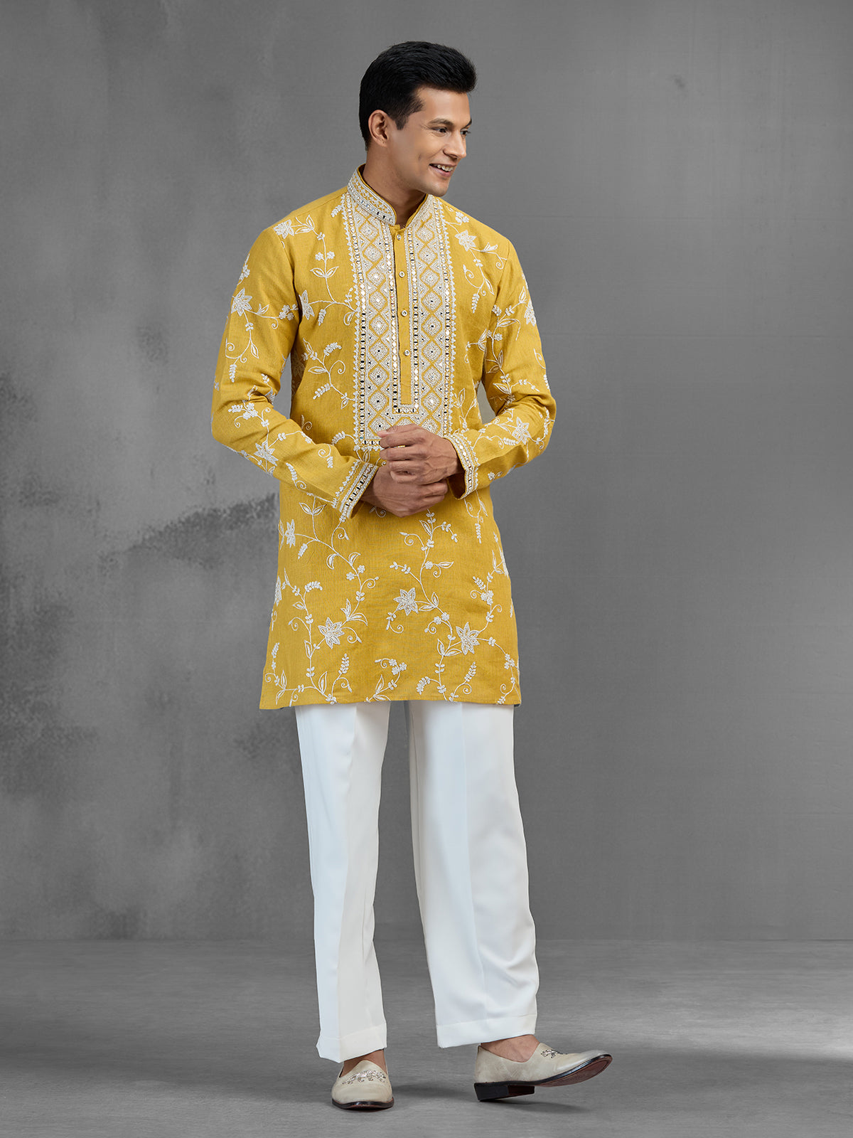 Mustard linen haldi special aabla work kurta pajama