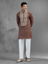 Brown linen intricate thread embroidered classic kurta pajama