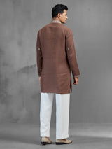 Brown linen intricate thread embroidered classic kurta pajama
