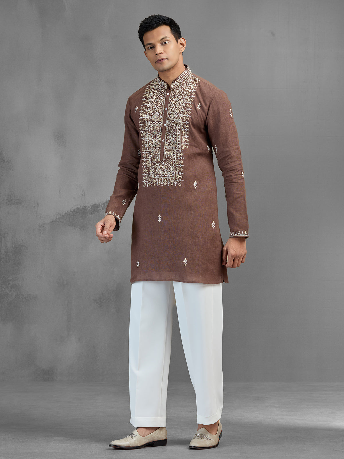 Brown linen intricate thread embroidered classic kurta pajama
