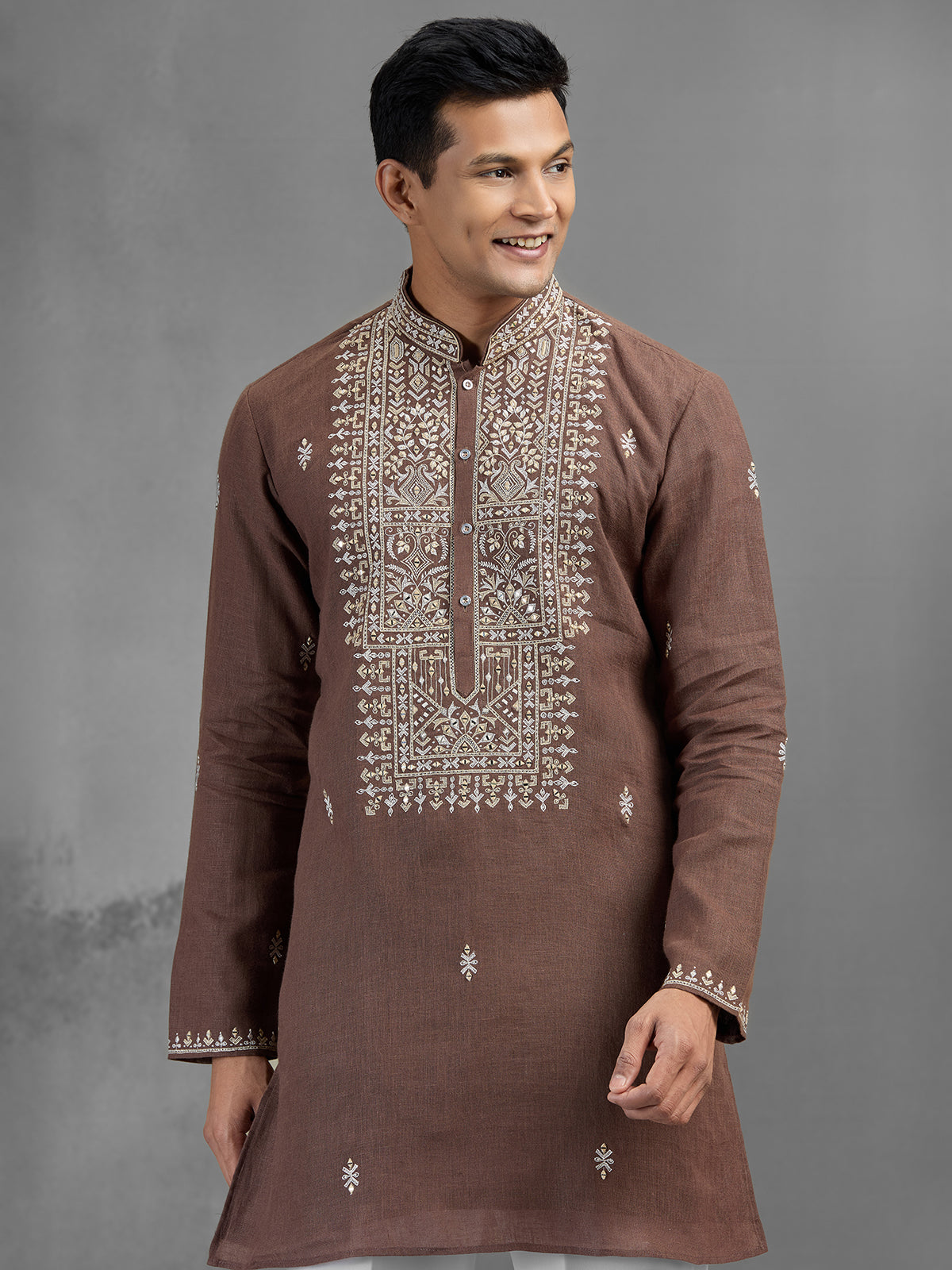 Brown linen intricate thread embroidered classic kurta pajama