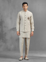 Beige linen peacock brooch embroidered festive waistcoat set