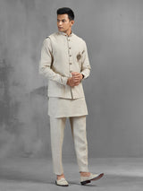 Beige linen peacock brooch embroidered festive waistcoat set