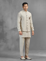 Beige linen peacock brooch embroidered festive waistcoat set
