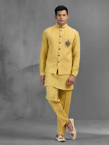 Yellow linen peacock brooch embroidered festive waistcoat set