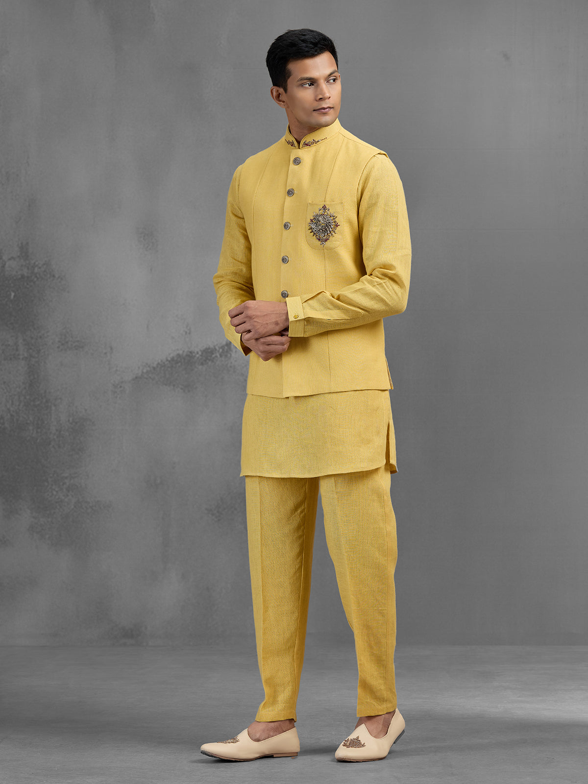 Yellow linen peacock brooch embroidered festive waistcoat set