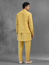 Yellow linen peacock brooch embroidered festive waistcoat set