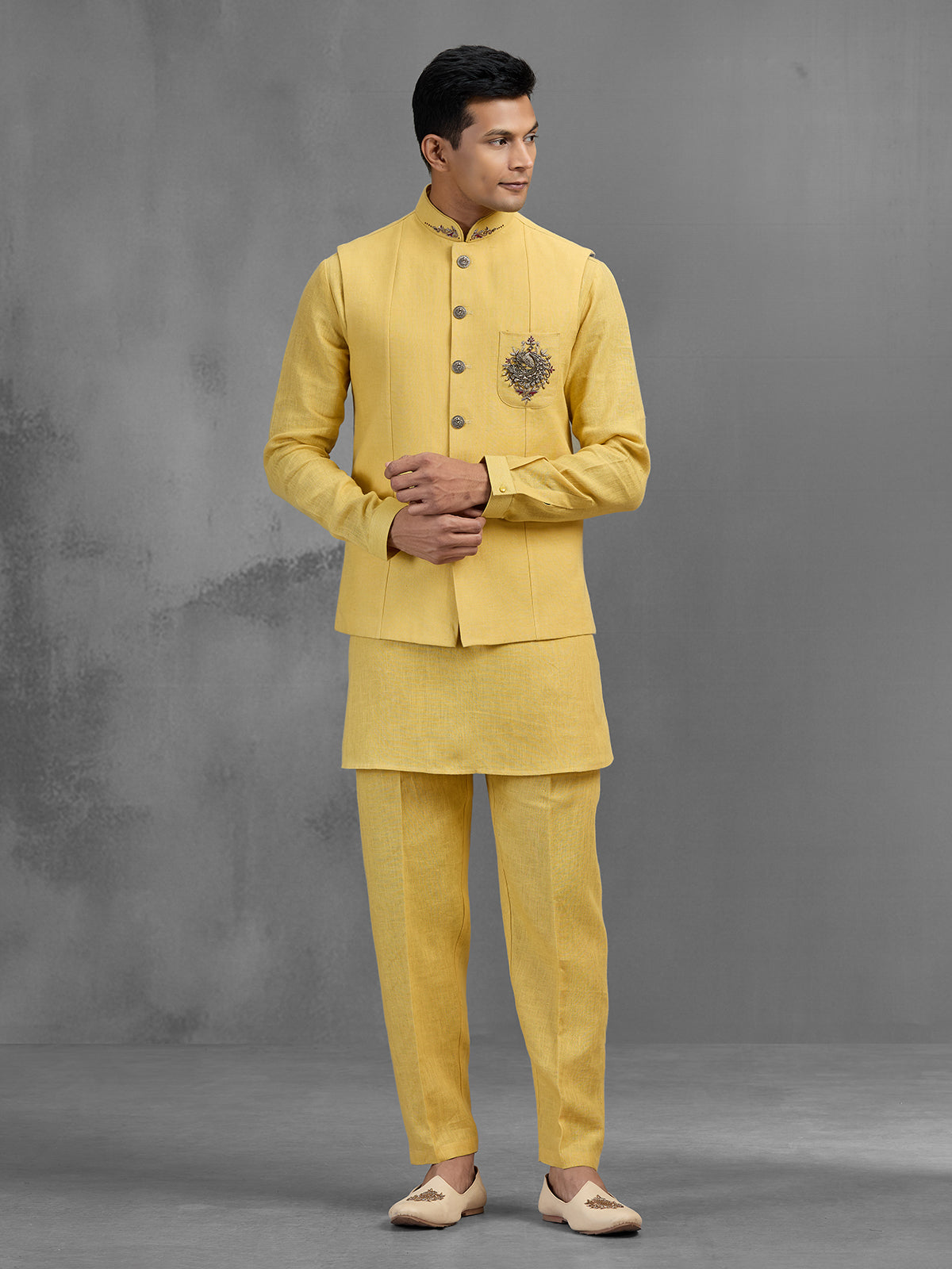 Yellow linen peacock brooch embroidered festive waistcoat set