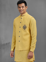 Yellow linen peacock brooch embroidered festive waistcoat set